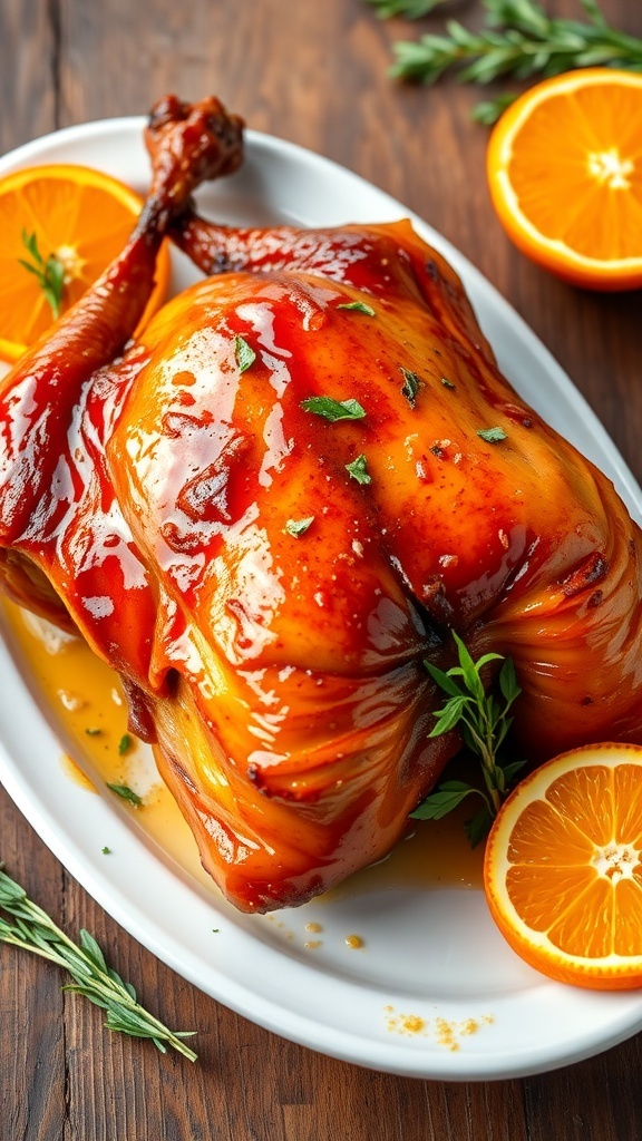 A roasted duck with crispy skin and orange glaze, garnished with herbs and orange slices on a rustic table.